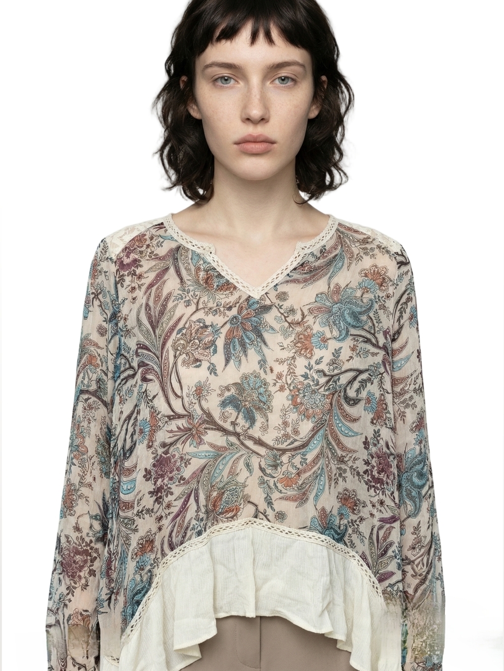Lori + Mari Floral Lace Trim V-Neck Boho Chic Peasant Blouse Women's L PTP 20"